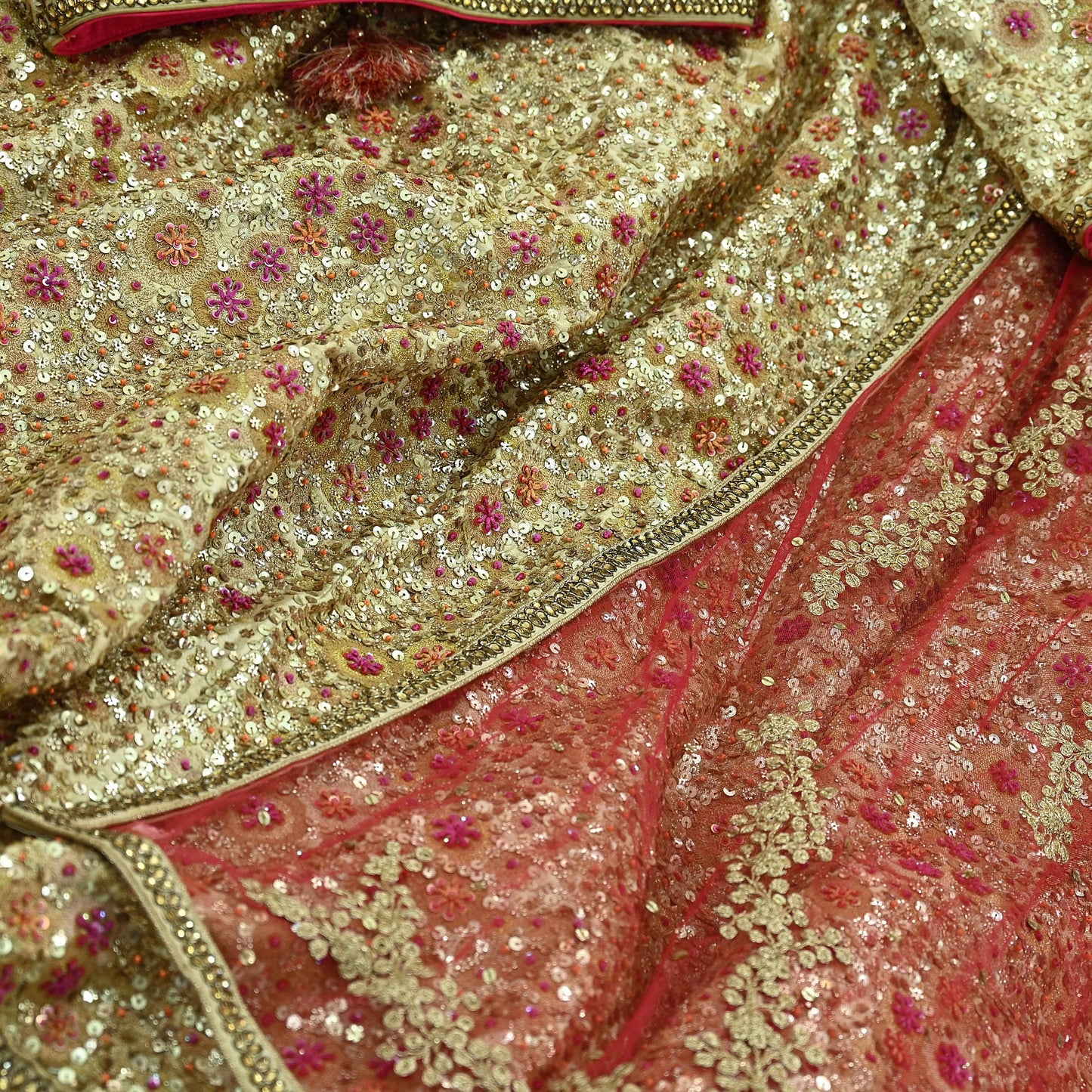 Indian Pre-owned Heavy Golden & Red Pure Chanderi Silk/Net Hand Embroidered Lehenga 3pcs Set By Designer Abu Jani Bridal Wear Padded Blouse