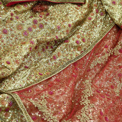 Indian Pre-owned Heavy Golden & Red Pure Chanderi Silk/Net Hand Embroidered Lehenga 3pcs Set By Designer Abu Jani Bridal Wear Padded Blouse