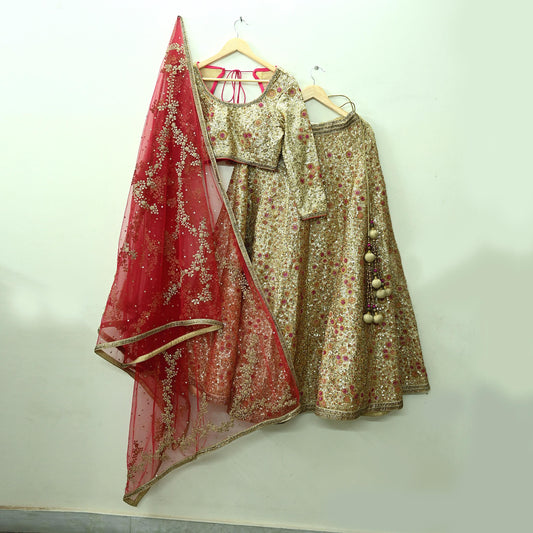 Indian Pre-owned Heavy Golden & Red Pure Chanderi Silk/Net Hand Embroidered Lehenga 3pcs Set By Designer Abu Jani Bridal Wear Padded Blouse