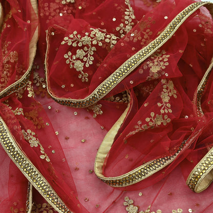 Indian Pre-owned Heavy Dupatta Red Net Long Stole Hand Embroidered By Designer Abu Jani Scarves Bridal Veil