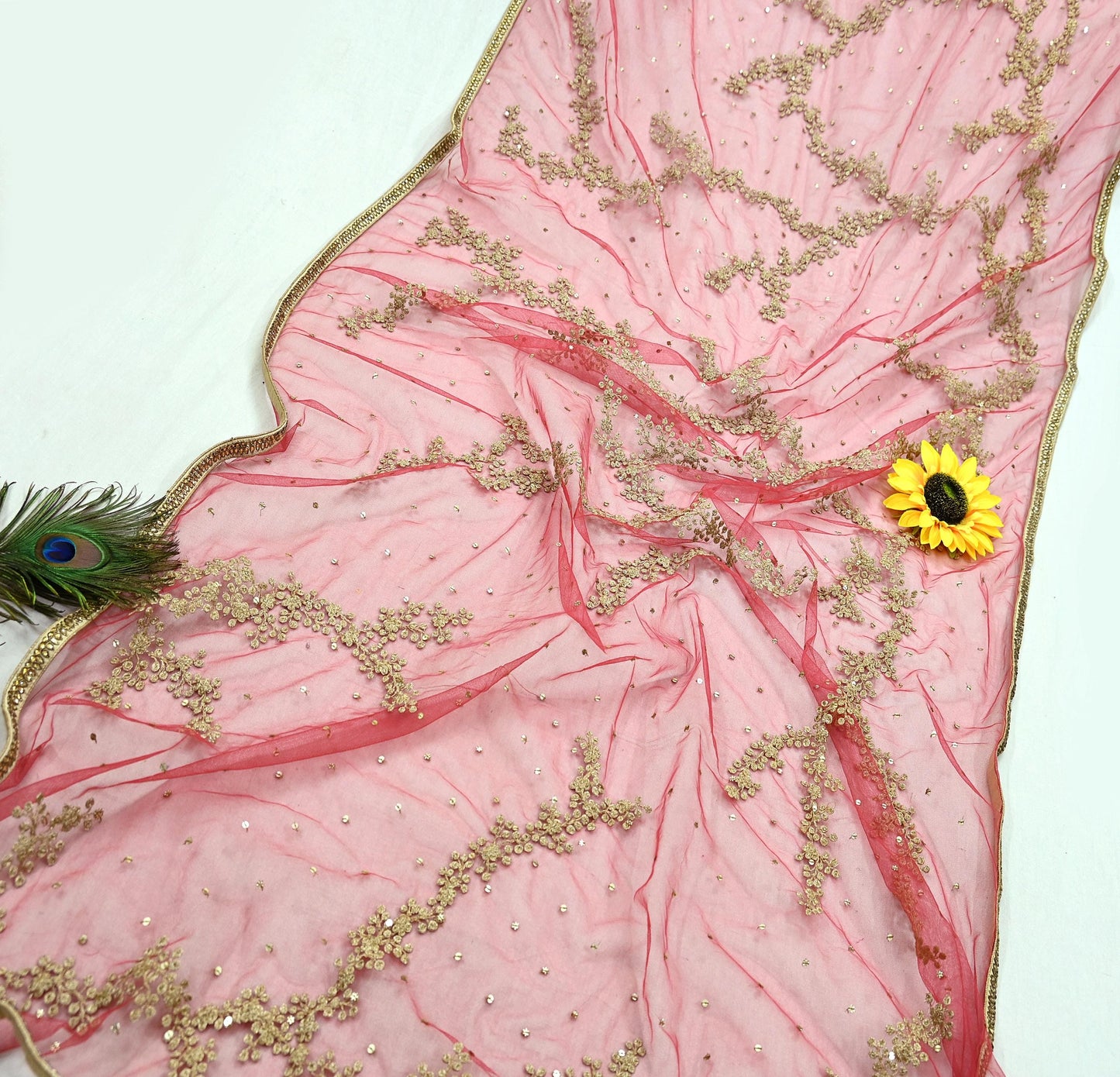 Indian Pre-owned Heavy Dupatta Red Net Long Stole Hand Embroidered By Designer Abu Jani Scarves Bridal Veil