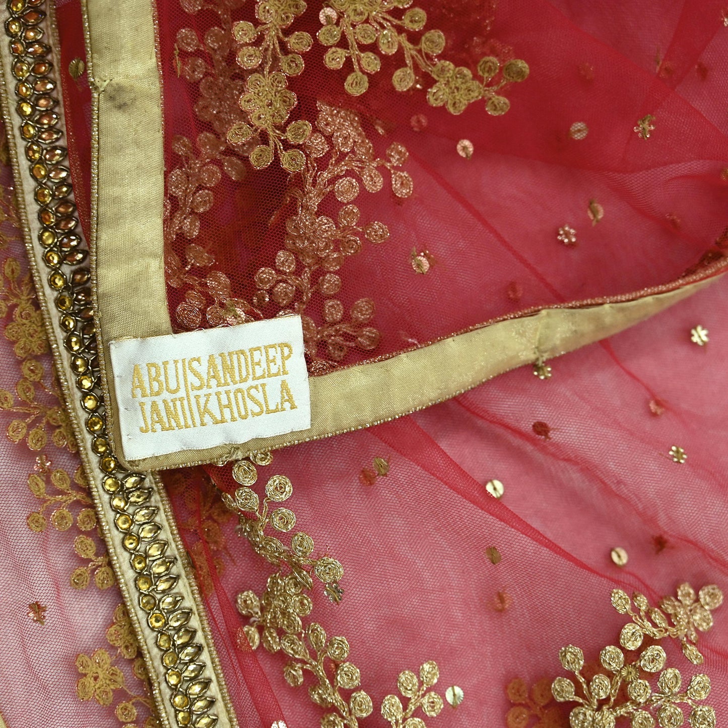 Indian Pre-owned Heavy Dupatta Red Net Long Stole Hand Embroidered By Designer Abu Jani Scarves Bridal Veil