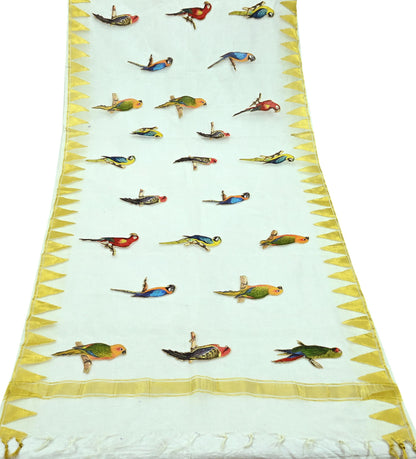Indian Vintage Dupatta White Long Stole Organza Embroidered Scarves Veil Soft Design Fringes Scarves Scarf Parrot