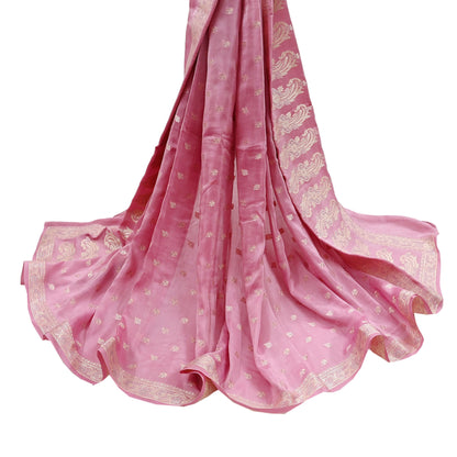 Indian Vintage Pink Dupatta Long Stole Pure Silk Hand Woven Scarves Veil Scarf Wrap Floral Zari Border