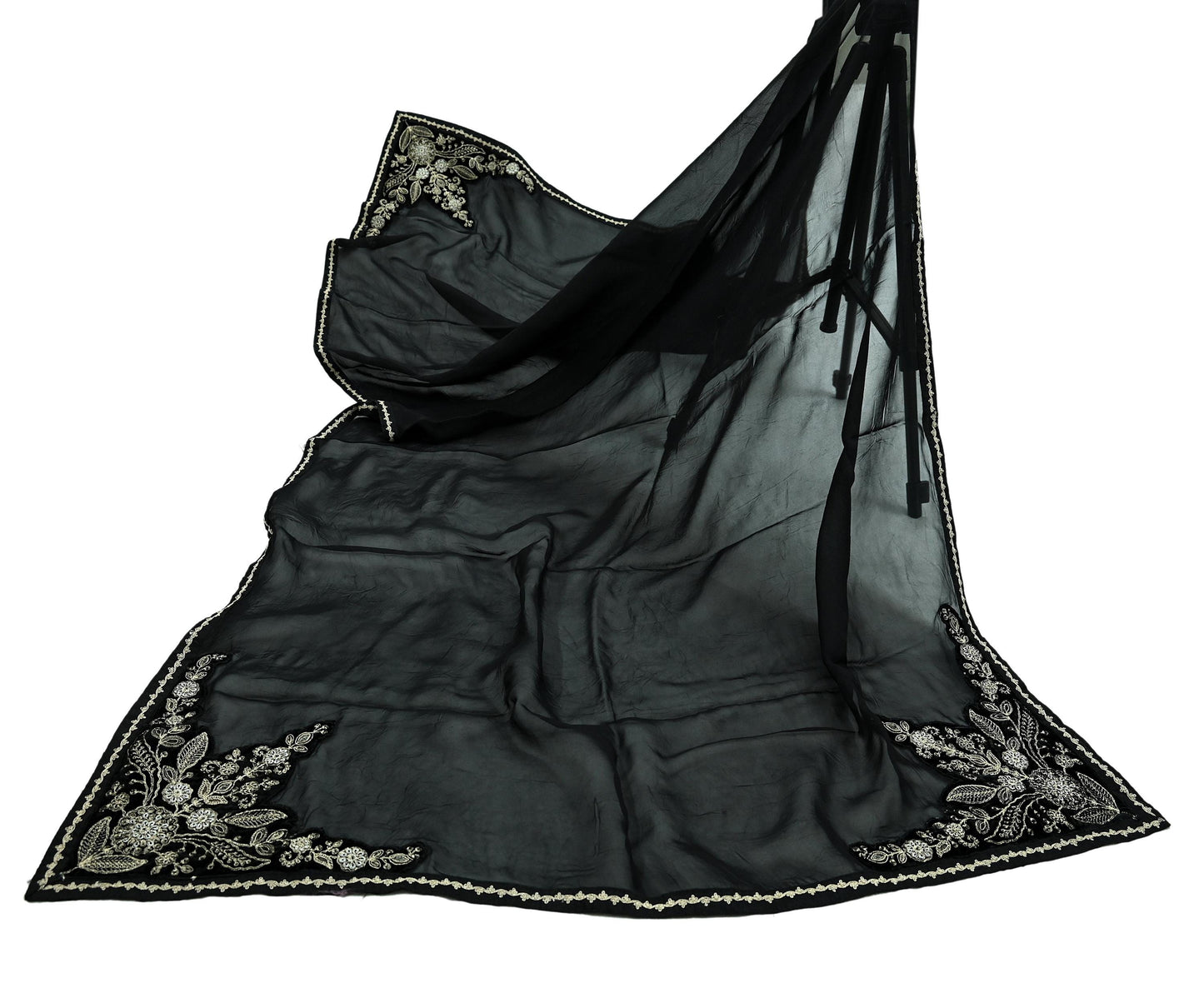 Indian Vintage Dupatta Black Long Stole Pure Organza Silk Hand Embroidered Scarves Veil Zari Sequins