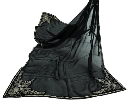Indian Vintage Dupatta Black Long Stole Pure Organza Silk Hand Embroidered Scarves Veil Zari Sequins
