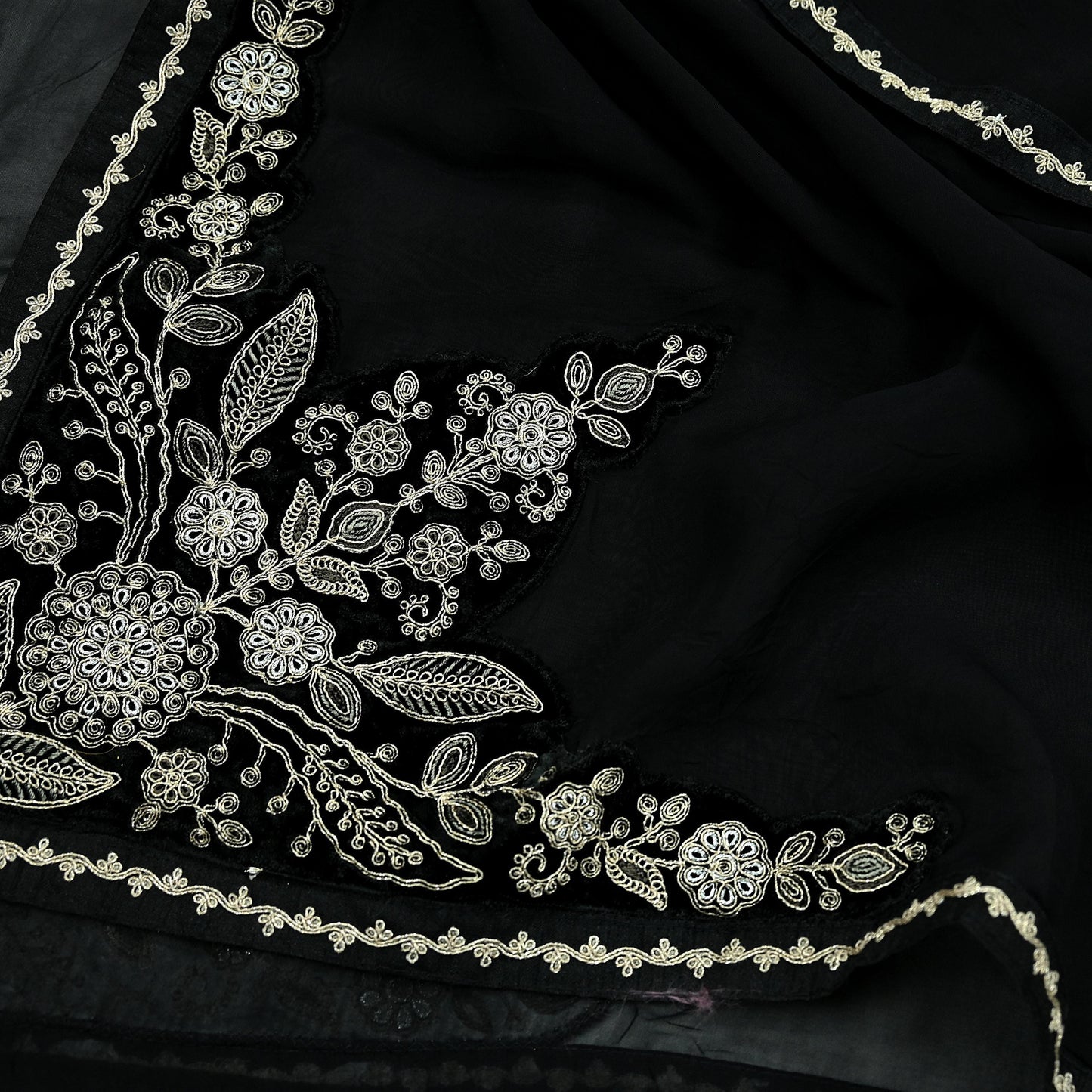 Indian Vintage Dupatta Black Long Stole Pure Organza Silk Hand Embroidered Scarves Veil Zari Sequins