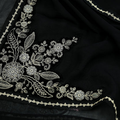 Indian Vintage Dupatta Black Long Stole Pure Organza Silk Hand Embroidered Scarves Veil Zari Sequins