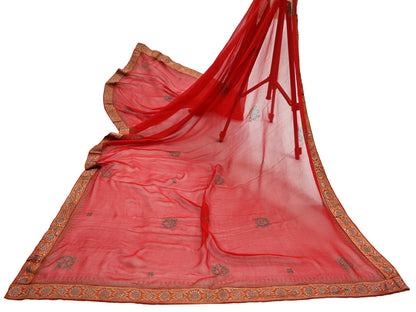 Indian Vintage Dupatta Red Pure Georgette silk Long Stole Hand Woven Scarves Stole Veil Wrap Brocade Border