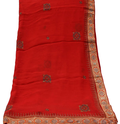 Indian Vintage Dupatta Red Pure Georgette silk Long Stole Hand Woven Scarves Stole Veil Wrap Brocade Border