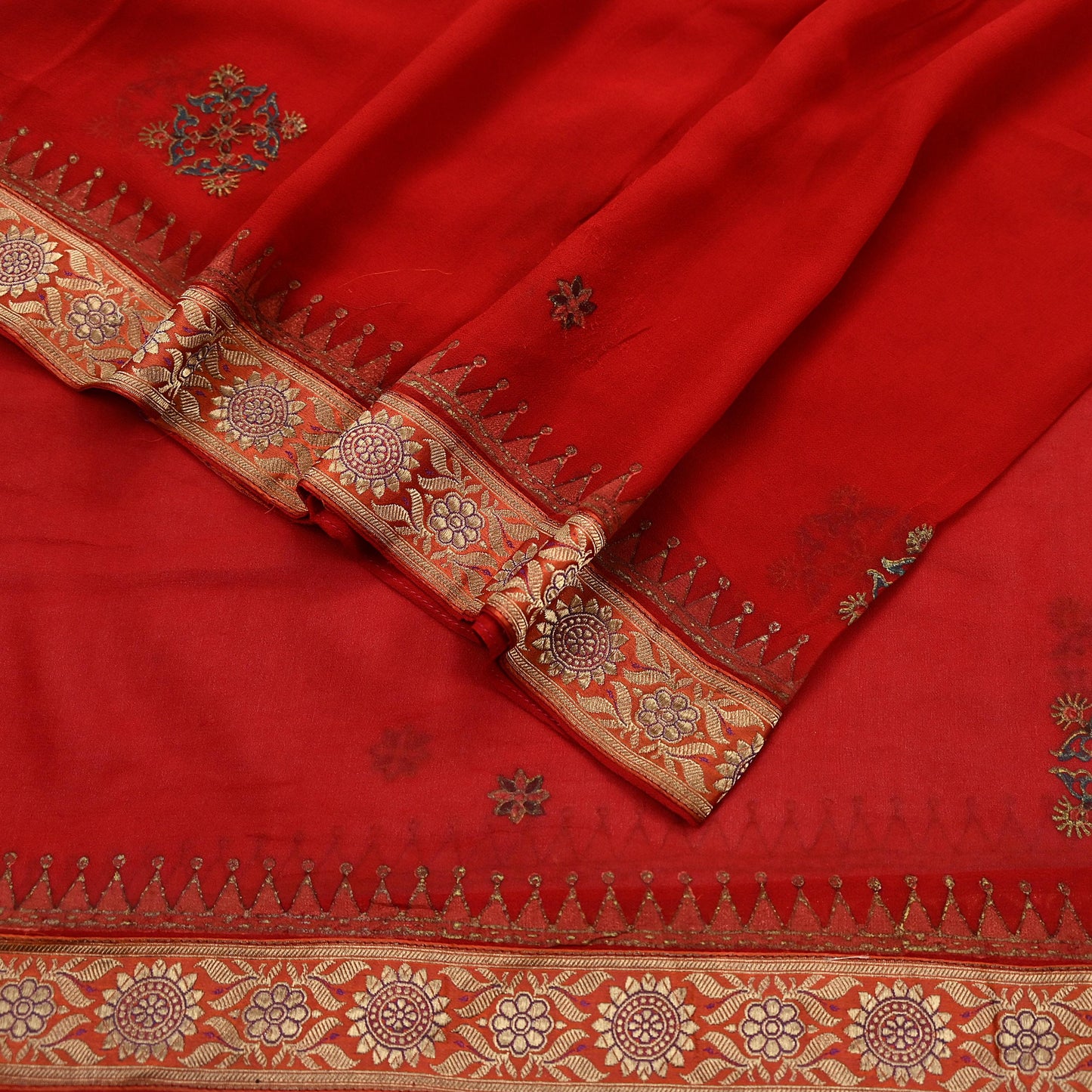 Indian Vintage Dupatta Red Pure Georgette silk Long Stole Hand Woven Scarves Stole Veil Wrap Brocade Border