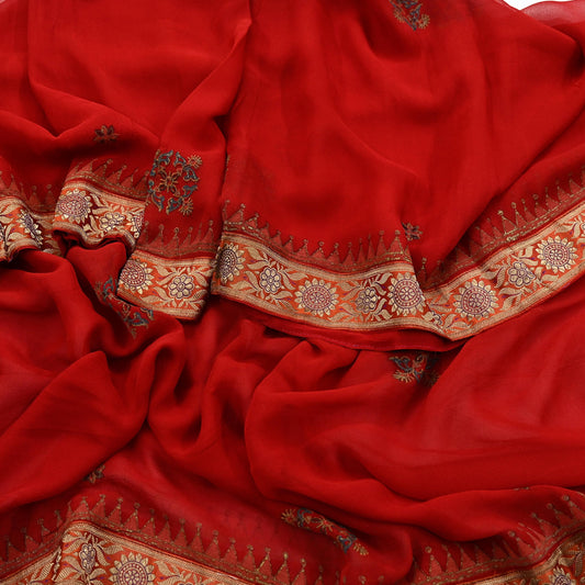 Indian Vintage Dupatta Red Pure Georgette silk Long Stole Hand Woven Scarves Stole Veil Wrap Brocade Border