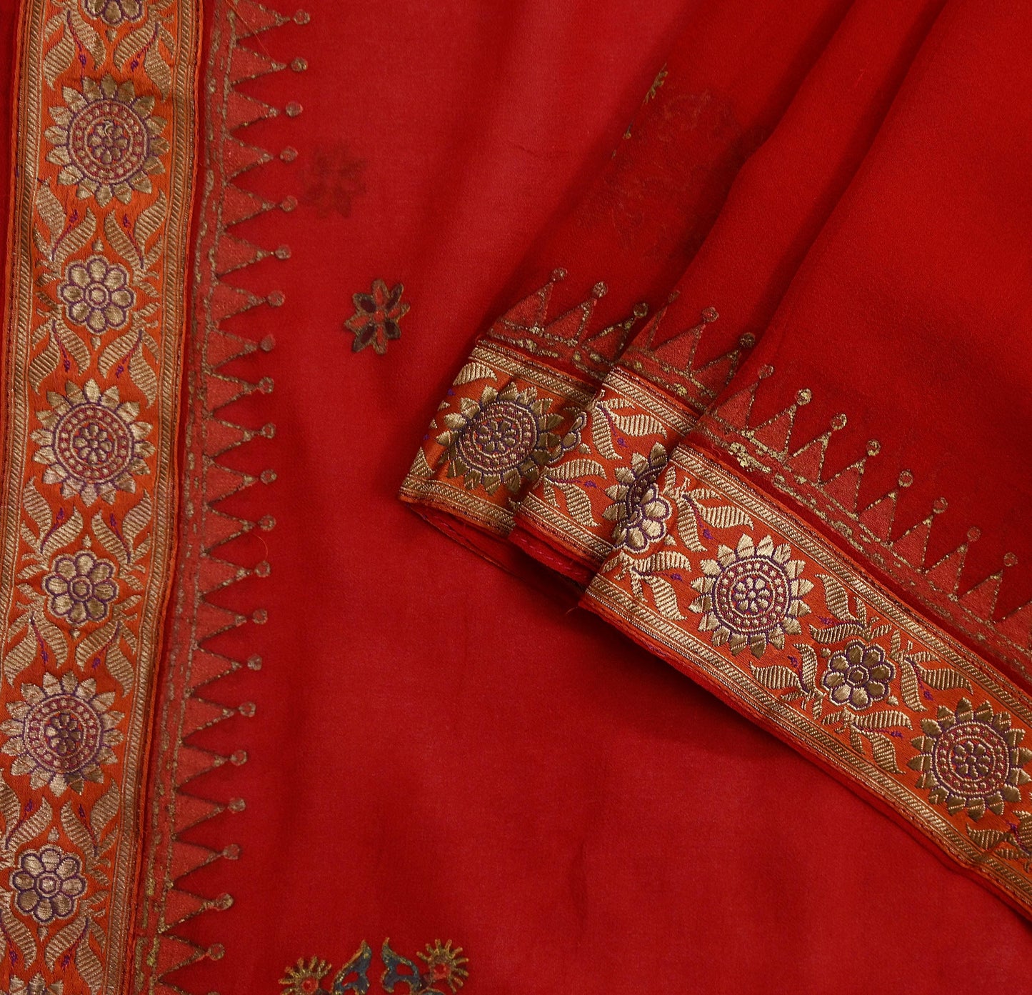 Indian Vintage Dupatta Red Pure Georgette silk Long Stole Hand Woven Scarves Stole Veil Wrap Brocade Border