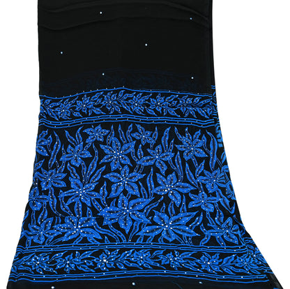 Indian Vintage Black Dupatta Long Stole Blend Georgette Hand Embroidered Printed Scarves Veil Scarf Wrap Hippie Boho