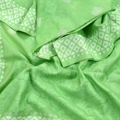 Indian Vintage Dupatta Green Long Stole Printed Woven Pure Silk Scarves Veil Soft Fringes