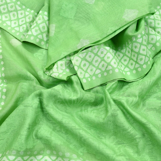 Indian Vintage Dupatta Green Long Stole Printed Woven Pure Silk Scarves Veil Soft Fringes