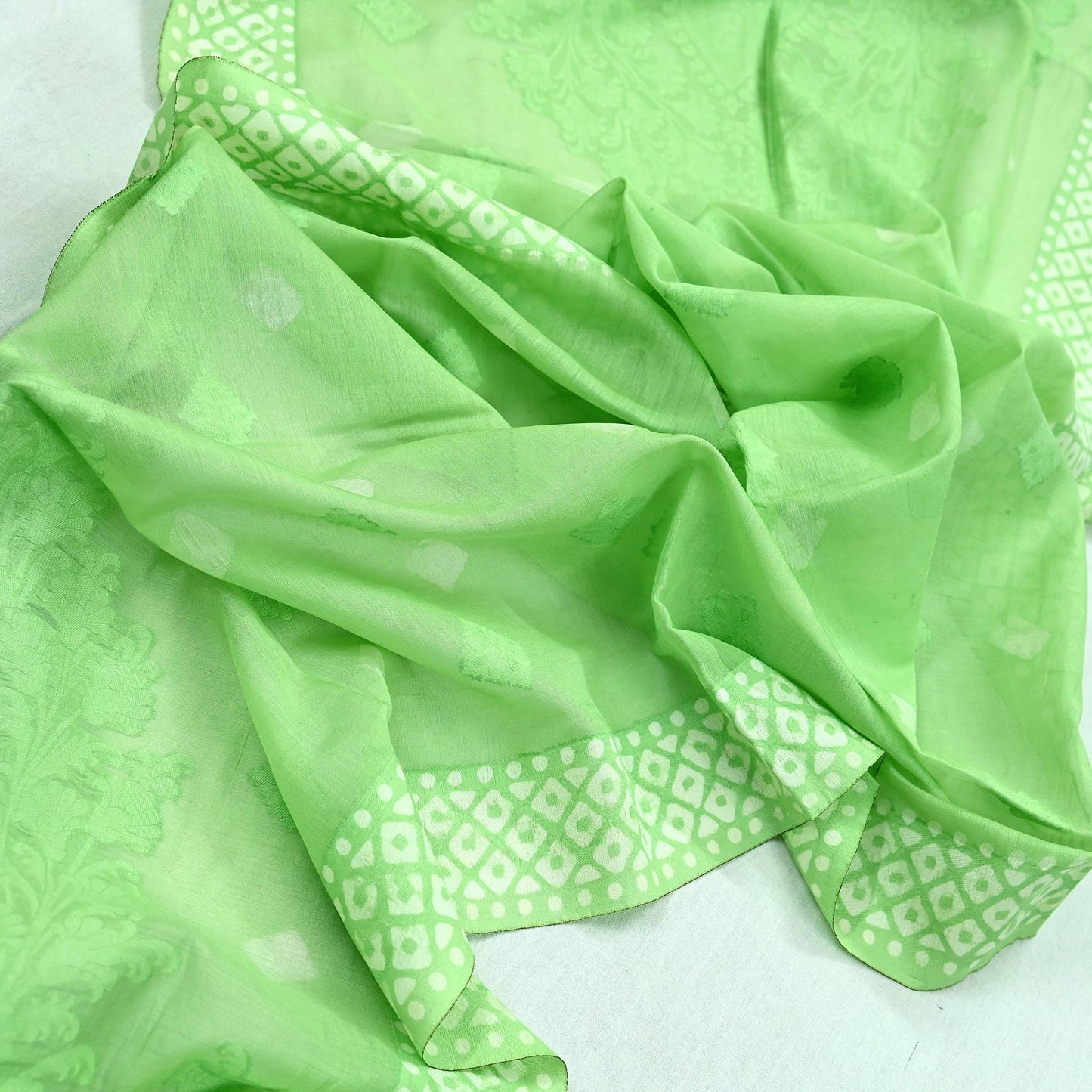 Indian Vintage Dupatta Green Long Stole Printed Woven Pure Silk Scarves Veil Soft Fringes