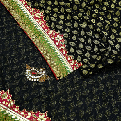 Indian Vintage Heavy Black Saree Pure Silk & Net Hand Beaded Sari Fabric 6Yd Sewing Soft Ethnic Wedding Sarees With Blouse