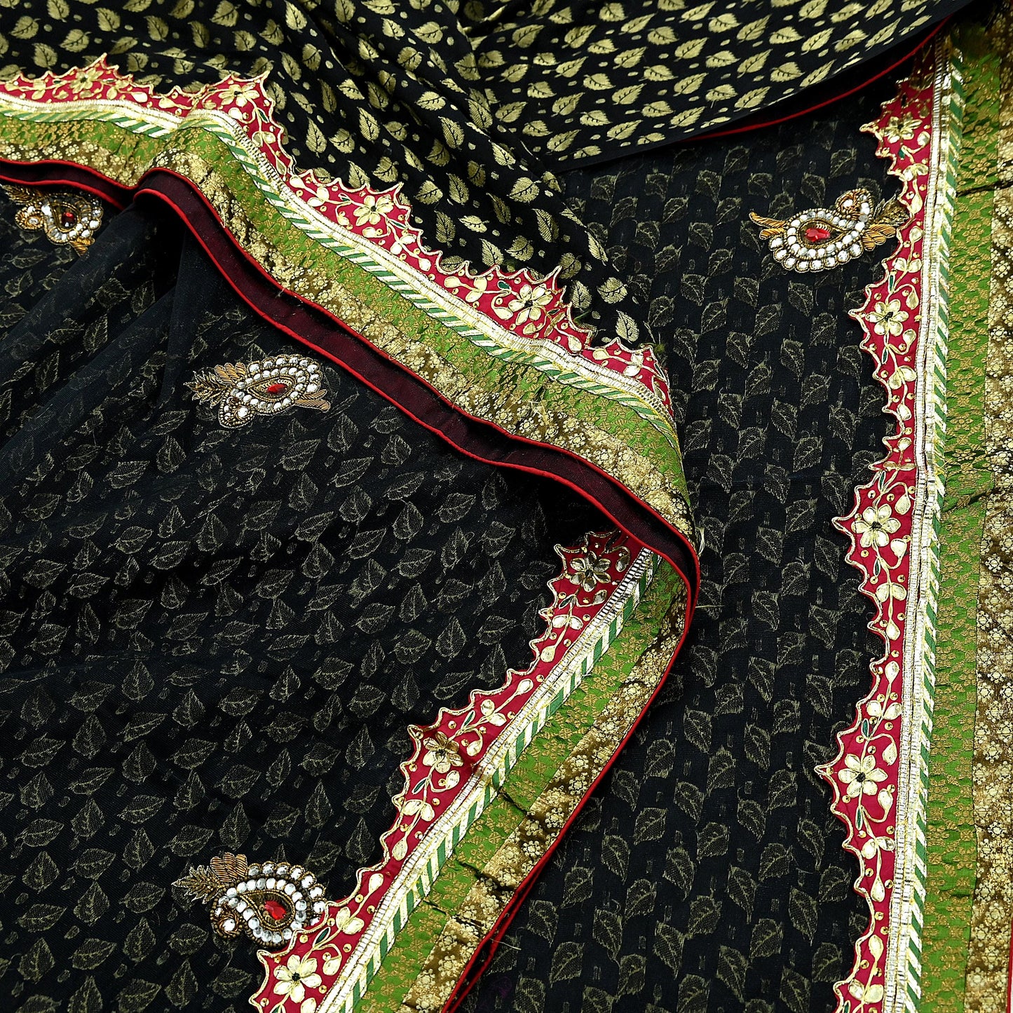 Indian Vintage Heavy Black Saree Pure Silk & Net Hand Beaded Sari Fabric 6Yd Sewing Soft Ethnic Wedding Sarees With Blouse