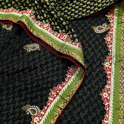 Indian Vintage Heavy Black Saree Pure Silk & Net Hand Beaded Sari Fabric 6Yd Sewing Soft Ethnic Wedding Sarees With Blouse