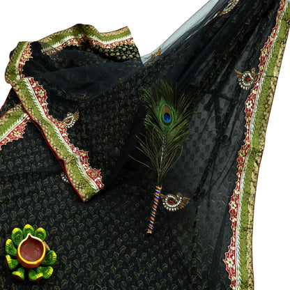 Indian Vintage Heavy Black Saree Pure Silk & Net Hand Beaded Sari Fabric 6Yd Sewing Soft Ethnic Wedding Sarees With Blouse