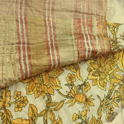 Indian Vintage Beige Saree Pure Khadi Silk Handloom Woven Zari Sari Craft Fabric 5yd Ethnic Wear Border Dress making Upcycle Fringes