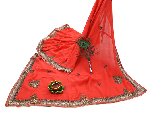 Indian Vintage Heavy Orange Saree Blend Georgette Hand Embroidered Sari Craft Fabric 6Yd Sewing Soft Ethnic Zari Dress Making wedding Sari