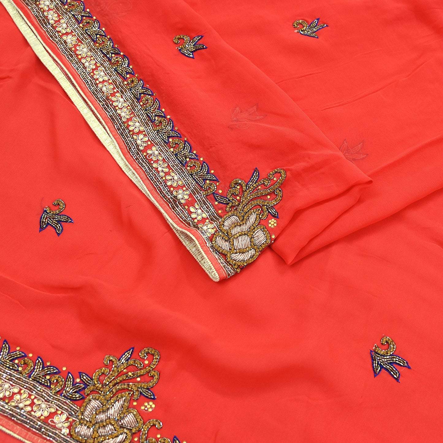 Indian Vintage Heavy Orange Saree Blend Georgette Hand Embroidered Sari Craft Fabric 6Yd Sewing Soft Ethnic Zari Dress Making wedding Sari