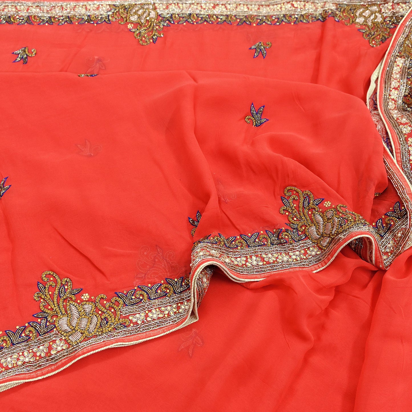 Indian Vintage Heavy Orange Saree Blend Georgette Hand Embroidered Sari Craft Fabric 6Yd Sewing Soft Ethnic Zari Dress Making wedding Sari