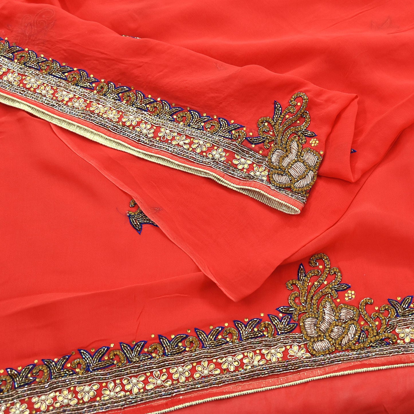Indian Vintage Heavy Orange Saree Blend Georgette Hand Embroidered Sari Craft Fabric 6Yd Sewing Soft Ethnic Zari Dress Making wedding Sari