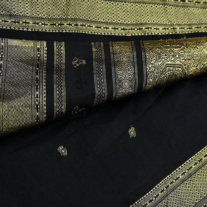Indian Vintage Heavy Sarees Black 100% Pure Silk Hand Woven Kanjivaram Sari Craft Fabric 5Yd Ethnic Zari Fringes Dress Making Quilting