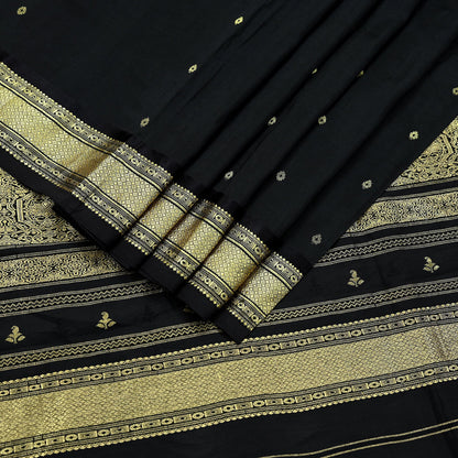 Indian Vintage Heavy Sarees Black 100% Pure Silk Hand Woven Kanjivaram Sari Craft Fabric 5Yd Ethnic Zari Fringes Dress Making Quilting