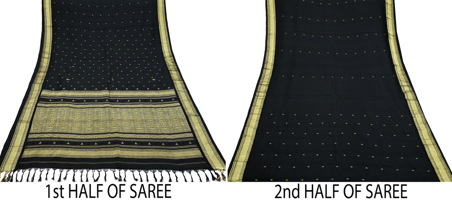 Indian Vintage Heavy Sarees Black 100% Pure Silk Hand Woven Kanjivaram Sari Craft Fabric 5Yd Ethnic Zari Fringes Dress Making Quilting
