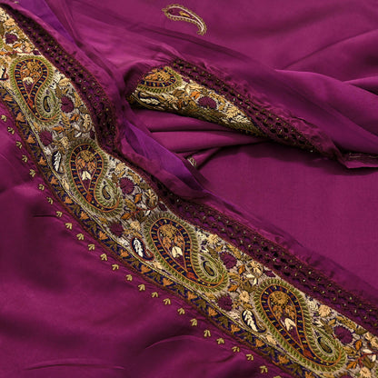 Indian Vintage Heavy Purple Sari Hand Embroidered Saree 100% Pure Satin Silk Craft Fabric 5yd Soft Wedding/Party Wear