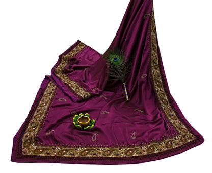 Indian Vintage Heavy Purple Sari Hand Embroidered Saree 100% Pure Satin Silk Craft Fabric 5yd Soft Wedding/Party Wear