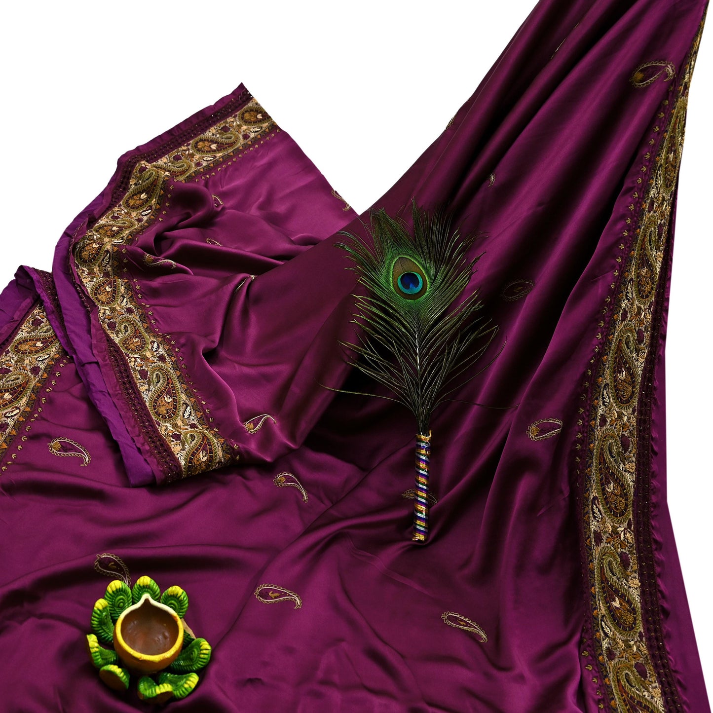 Indian Vintage Heavy Purple Sari Hand Embroidered Saree 100% Pure Satin Silk Craft Fabric 5yd Soft Wedding/Party Wear