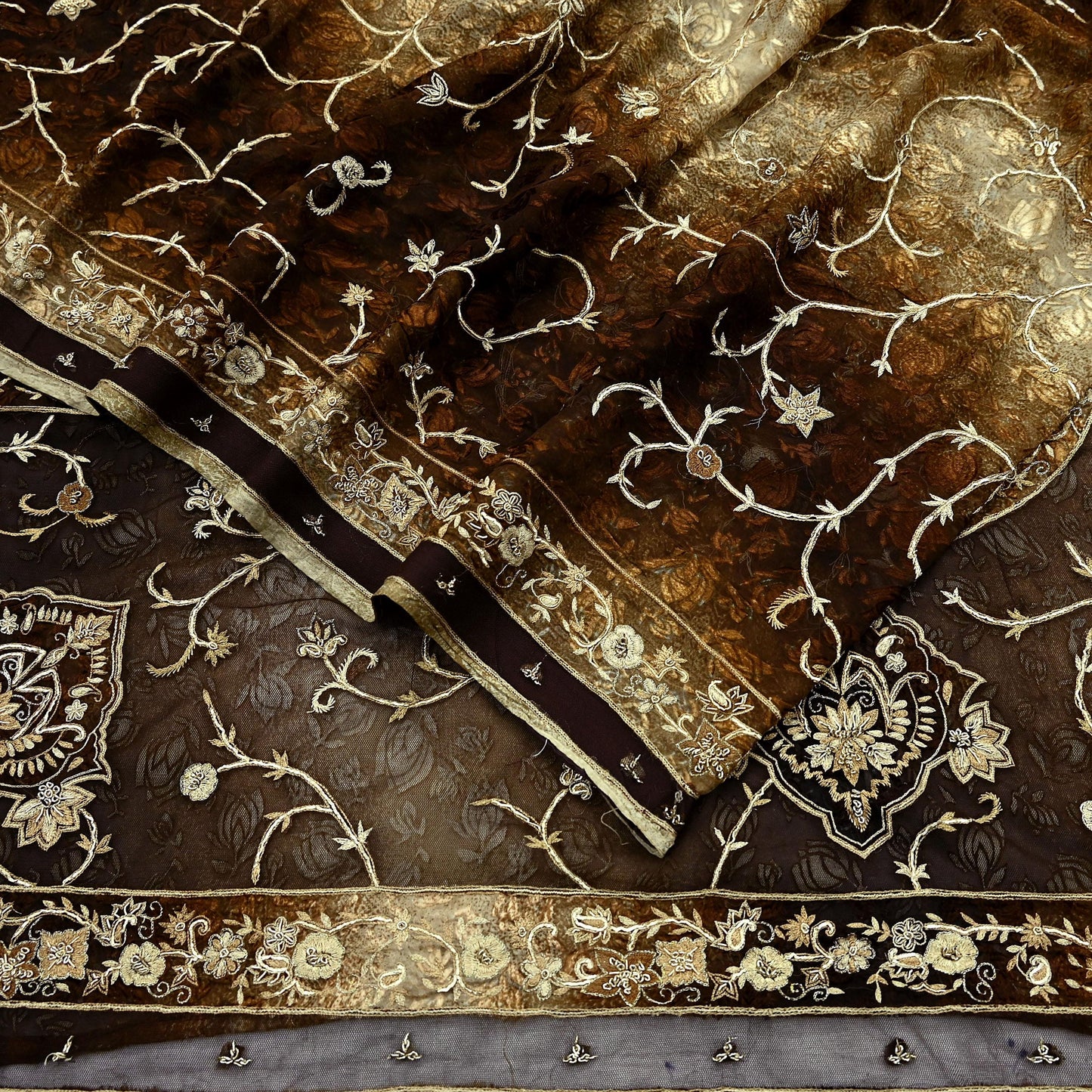 Indian Vintage Heavy Sarees Brown Beige Net/Mesh & Brasso Hand Embroidered Sari Fabric 5Yd Sewing Ethnic Wedding sarees