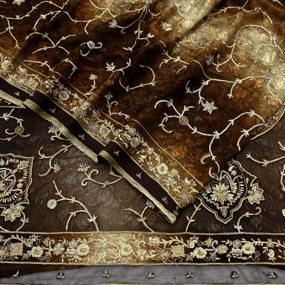 Indian Vintage Heavy Sarees Brown Beige Net/Mesh & Brasso Hand Embroidered Sari Fabric 5Yd Sewing Ethnic Wedding sarees