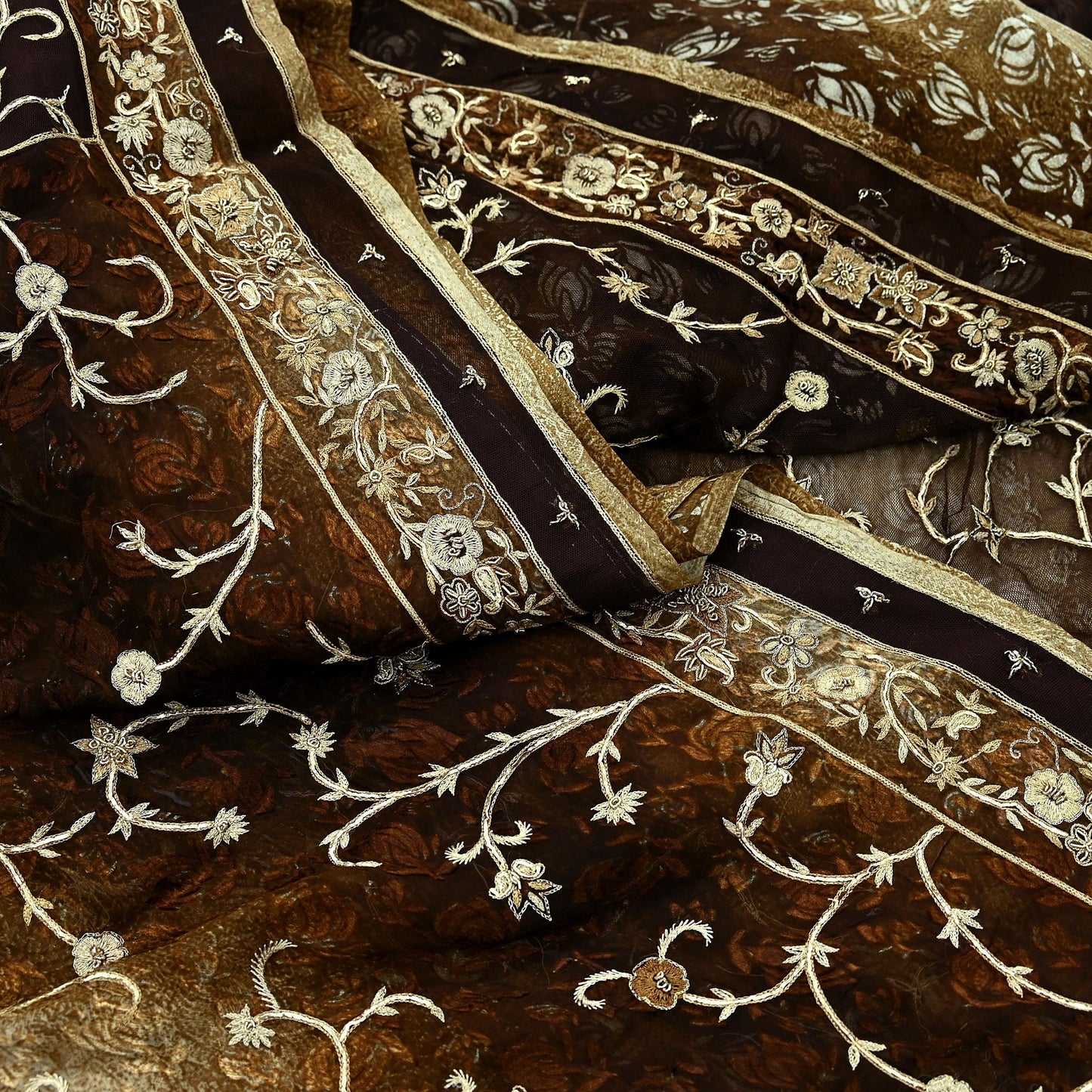 Indian Vintage Heavy Sarees Brown Beige Net/Mesh & Brasso Hand Embroidered Sari Fabric 5Yd Sewing Ethnic Wedding sarees