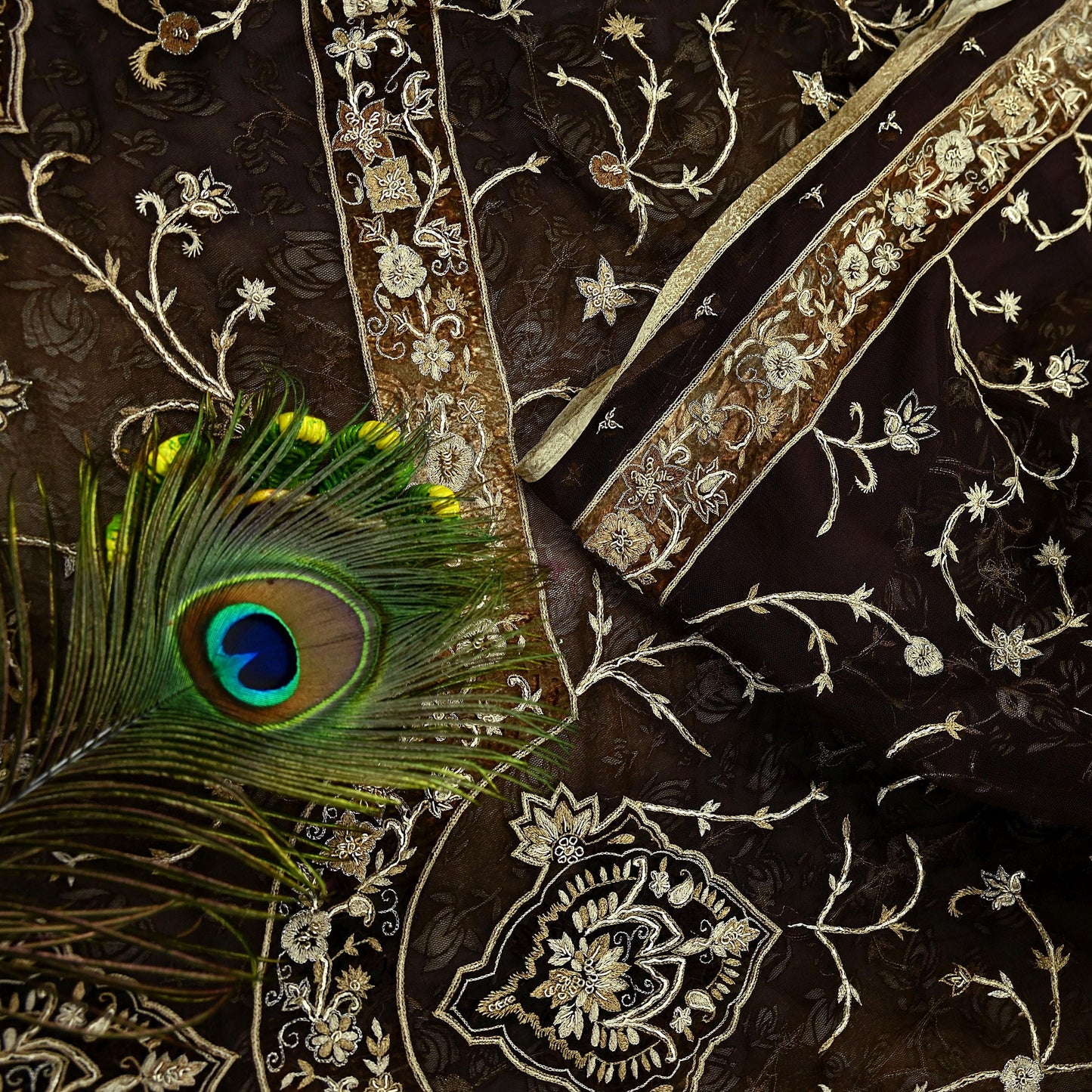 Indian Vintage Heavy Sarees Brown Beige Net/Mesh & Brasso Hand Embroidered Sari Fabric 5Yd Sewing Ethnic Wedding sarees