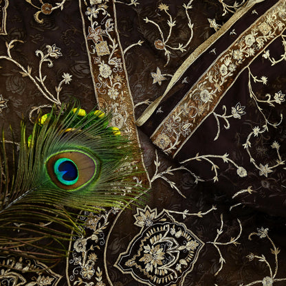 Indian Vintage Heavy Sarees Brown Beige Net/Mesh & Brasso Hand Embroidered Sari Fabric 5Yd Sewing Ethnic Wedding sarees