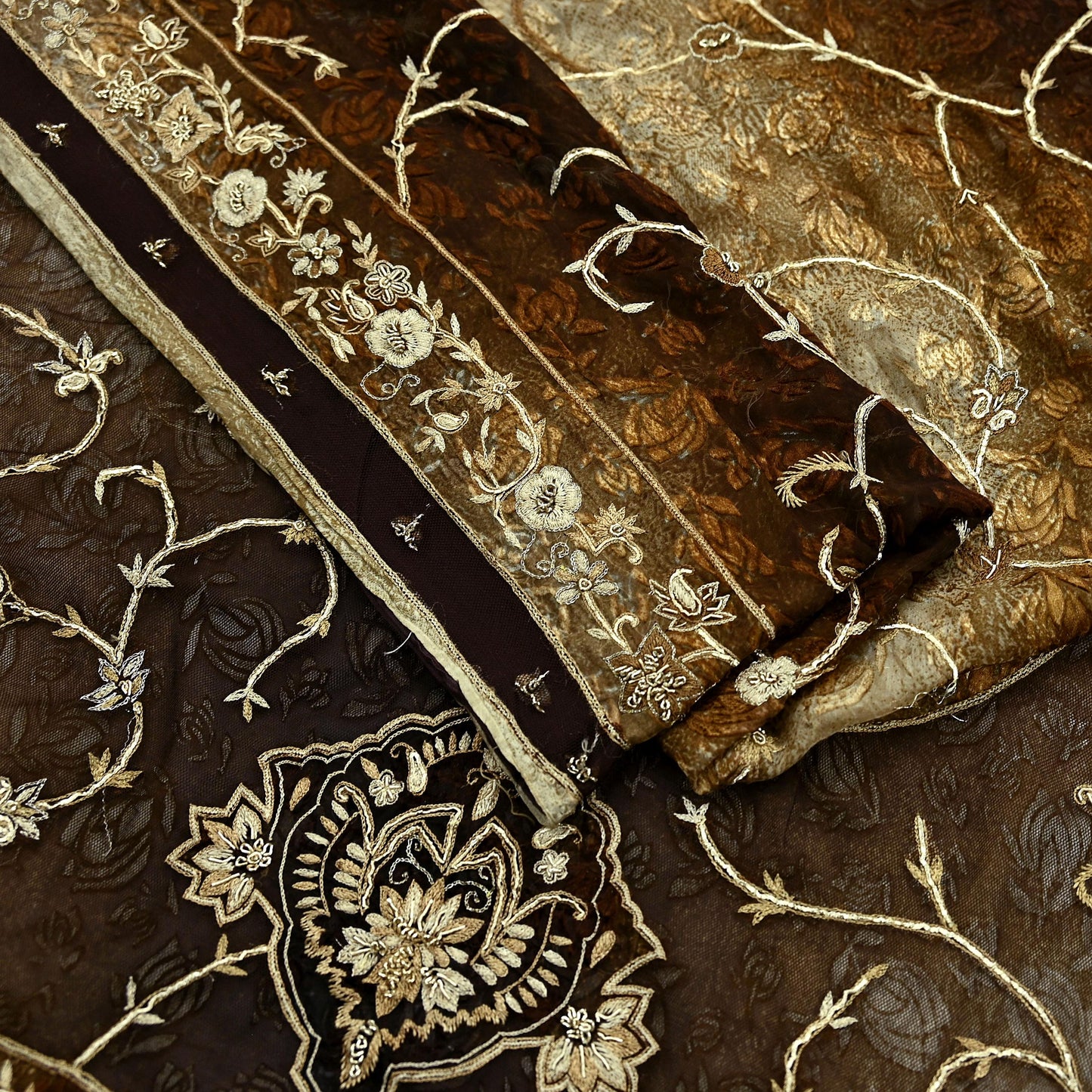Indian Vintage Heavy Sarees Brown Beige Net/Mesh & Brasso Hand Embroidered Sari Fabric 5Yd Sewing Ethnic Wedding sarees