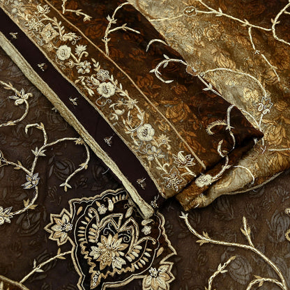 Indian Vintage Heavy Sarees Brown Beige Net/Mesh & Brasso Hand Embroidered Sari Fabric 5Yd Sewing Ethnic Wedding sarees