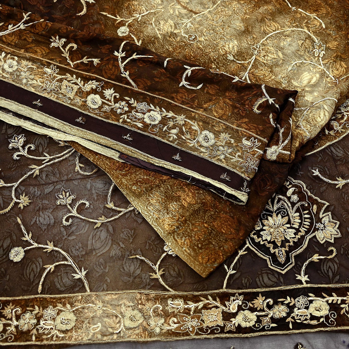 Indian Vintage Heavy Sarees Brown Beige Net/Mesh & Brasso Hand Embroidered Sari Fabric 5Yd Sewing Ethnic Wedding sarees