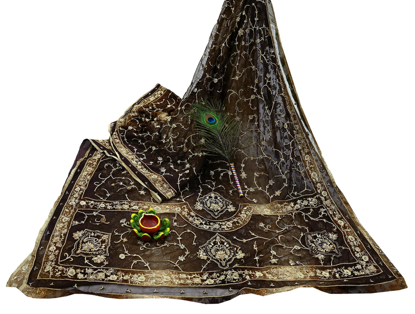 Indian Vintage Heavy Sarees Brown Beige Net/Mesh & Brasso Hand Embroidered Sari Fabric 5Yd Sewing Ethnic Wedding sarees