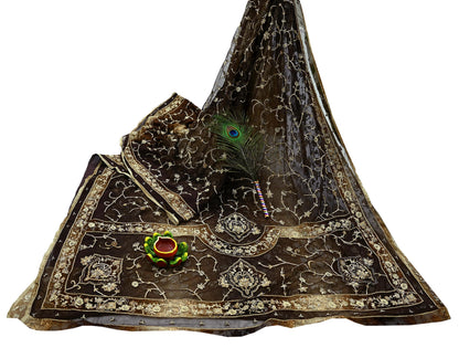 Indian Vintage Heavy Sarees Brown Beige Net/Mesh & Brasso Hand Embroidered Sari Fabric 5Yd Sewing Ethnic Wedding sarees