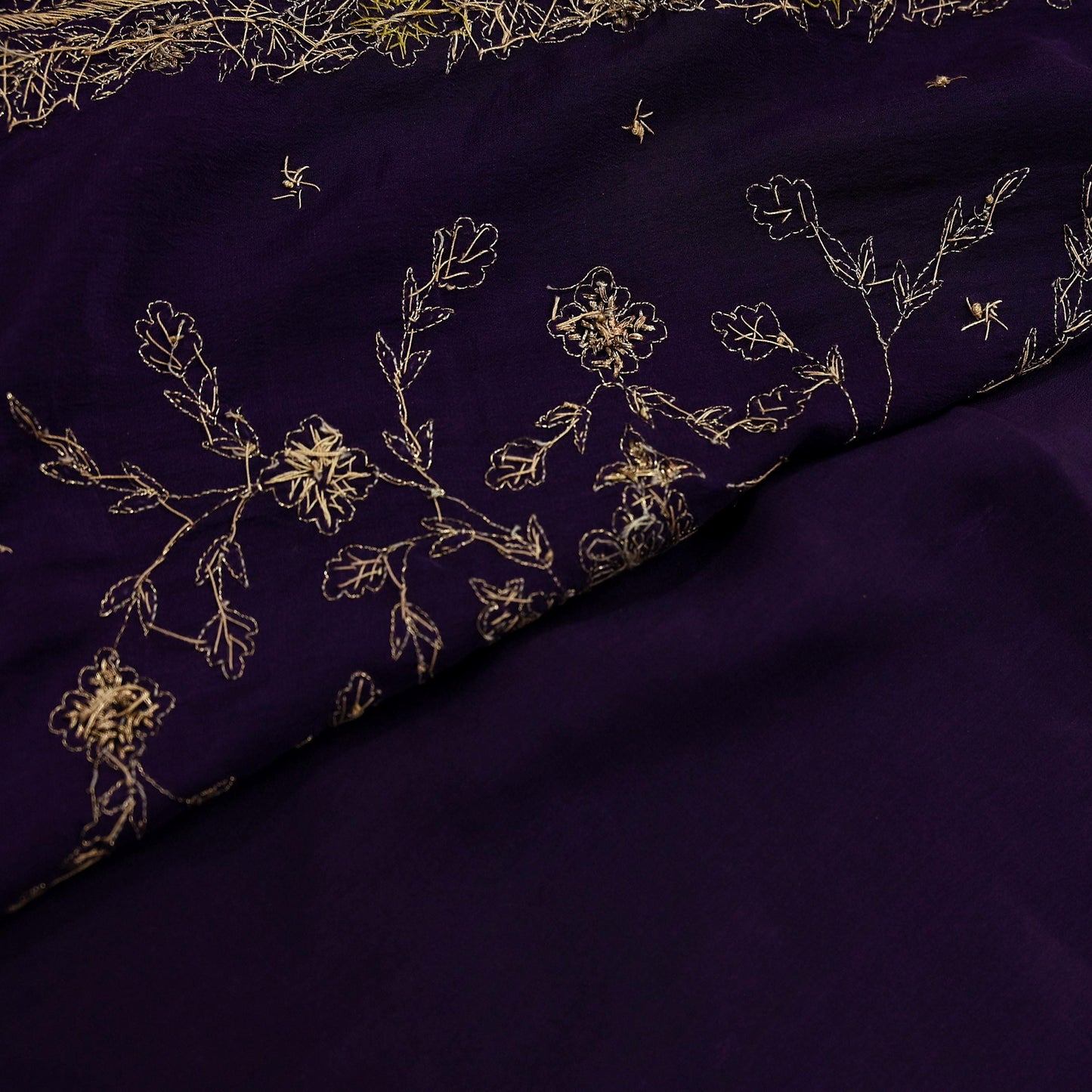 Indian Vintage Purple Saree Pure Crepe Silk Hand Embroidered Sari Craft Fabric 5Yd Sewing Soft Zardozi/Dabka Dress making