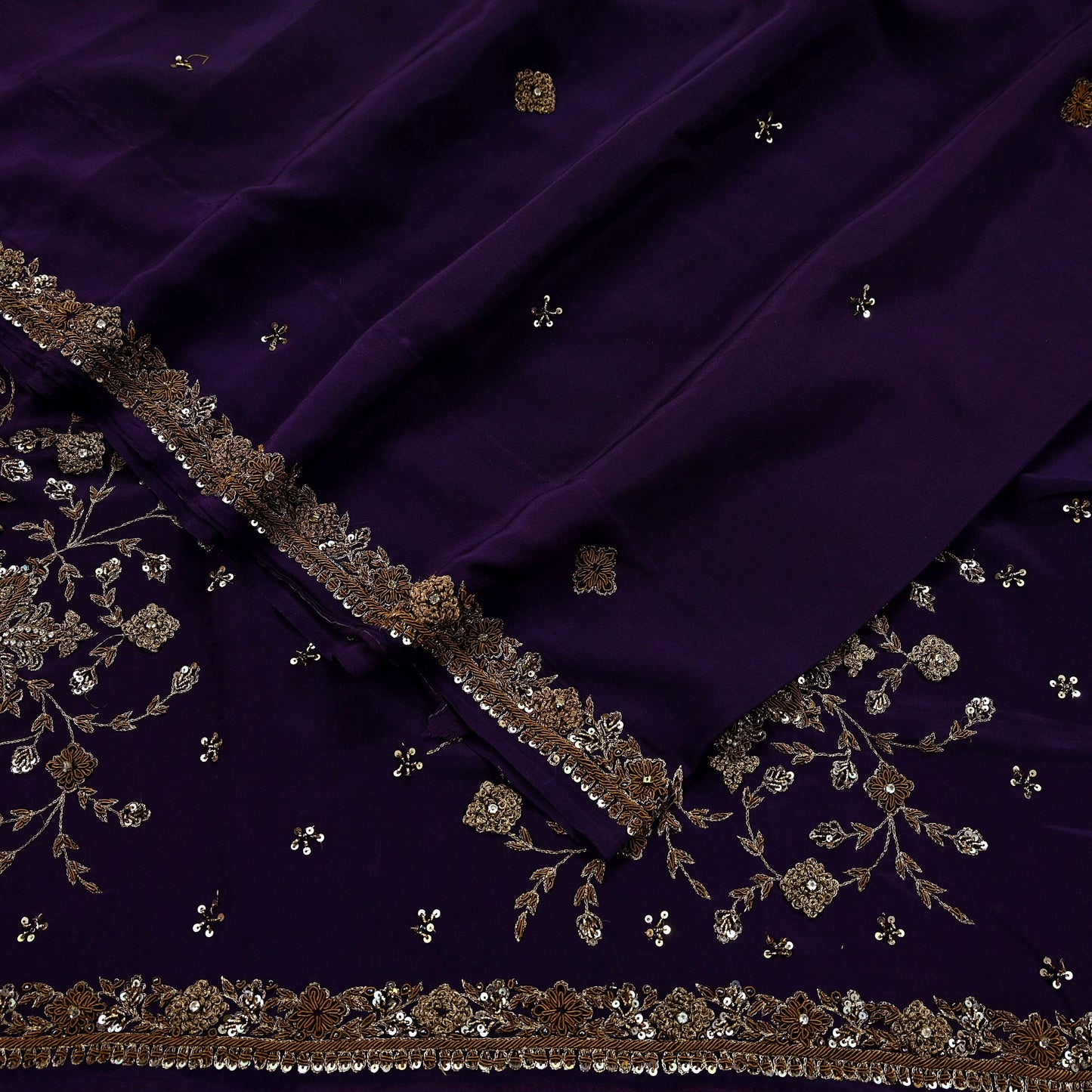 Indian Vintage Purple Saree Pure Crepe Silk Hand Embroidered Sari Craft Fabric 5Yd Sewing Soft Zardozi/Dabka Dress making