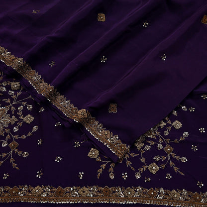 Indian Vintage Purple Saree Pure Crepe Silk Hand Embroidered Sari Craft Fabric 5Yd Sewing Soft Zardozi/Dabka Dress making