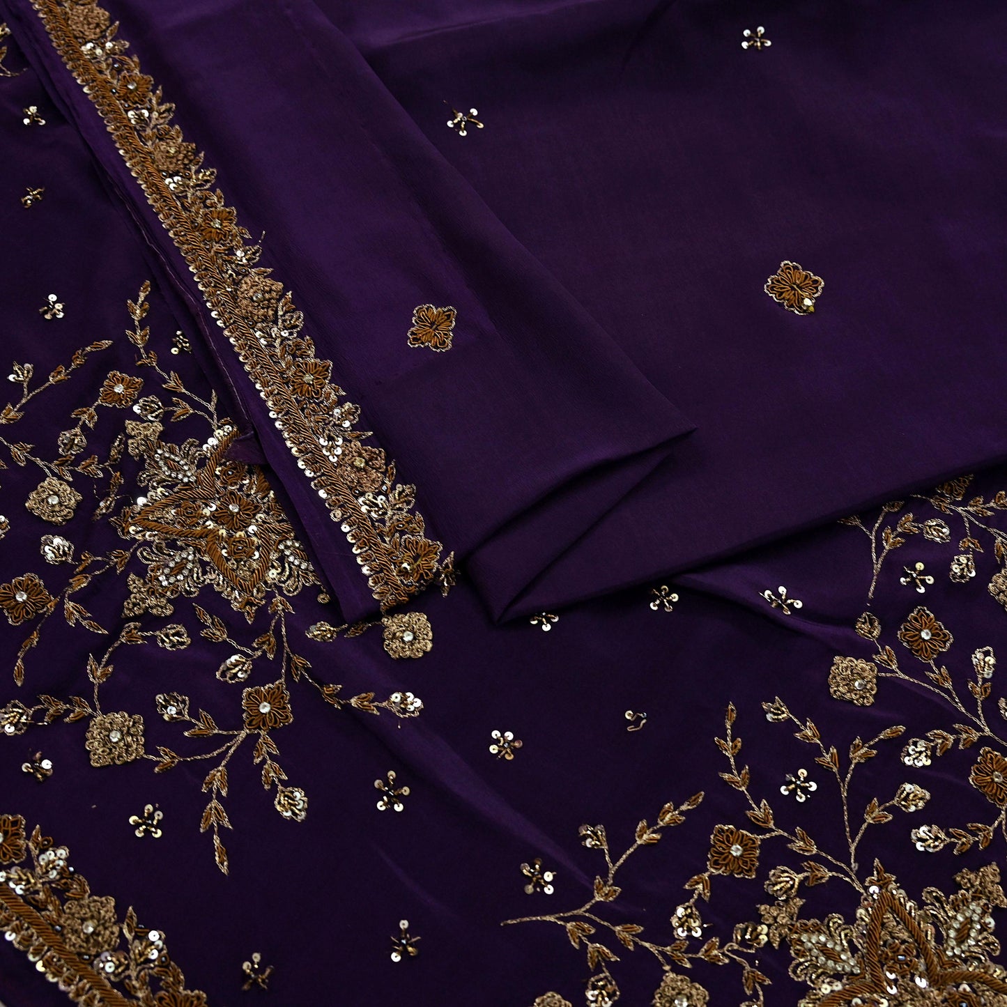 Indian Vintage Purple Saree Pure Crepe Silk Hand Embroidered Sari Craft Fabric 5Yd Sewing Soft Zardozi/Dabka Dress making